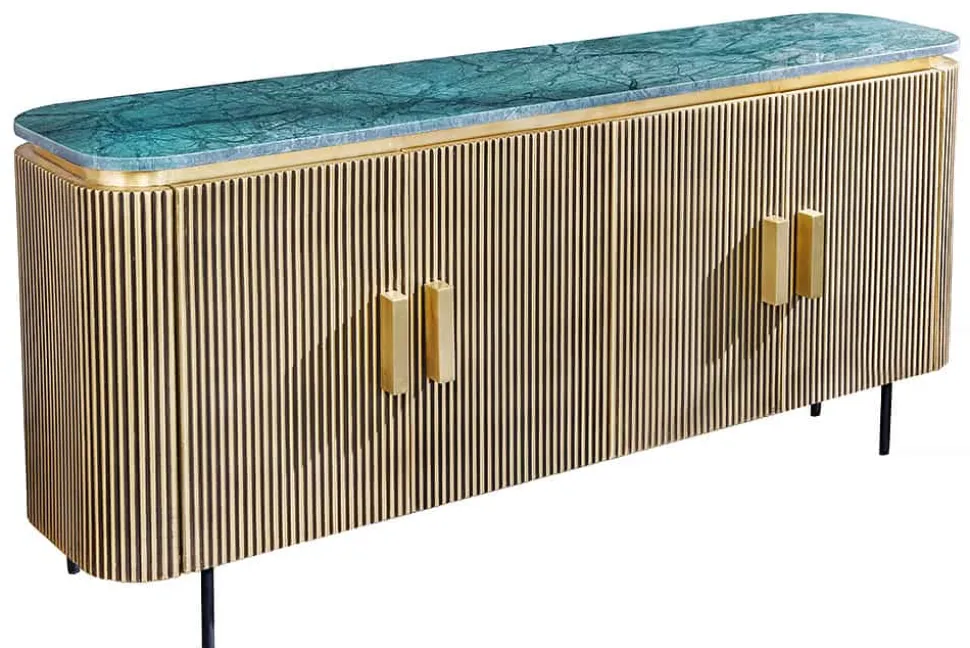 Design Sideboard VENEZIANO 160cm messing grün Marmorplatte Mangoholz Retro