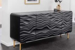 Design Sideboard WAVE 160cm schwarz Mangoholz Massivholz mattgold Metallbeine