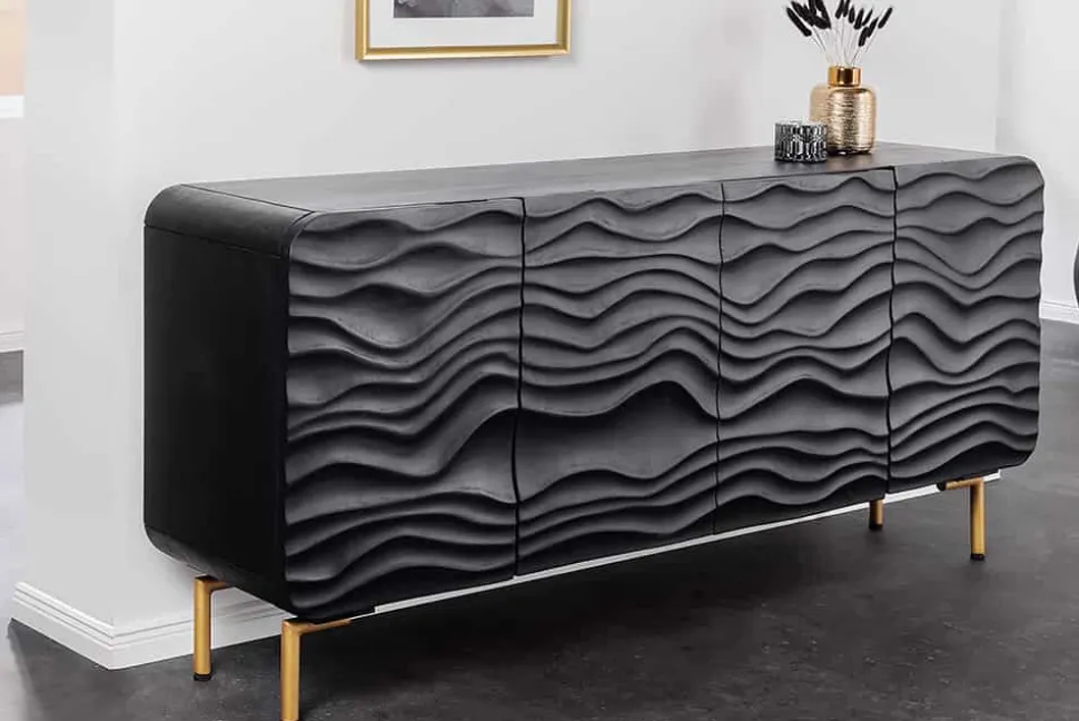 Design Sideboard WAVE 160cm schwarz Mangoholz Massivholz mattgold Metallbeine