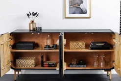 Design Sideboard WAVE 160cm schwarz Mangoholz Massivholz mattgold Metallbeine