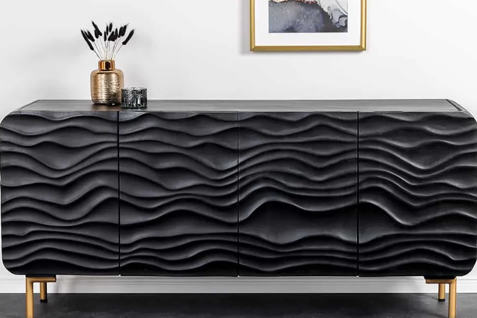 Design Sideboard WAVE 160cm schwarz Mangoholz Massivholz mattgold Metallbeine