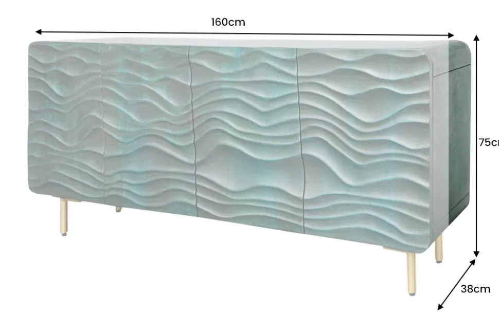 Design Sideboard WAVE 160cm türkis Mangoholz Massivholz mattgold Metallbeine