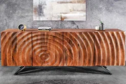 Design Sideboard ZEN 180cm braun Mangoholz mit 3D Schnitzereien Metallgestell schwarz handmade
