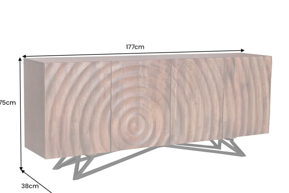 Design Sideboard ZEN 180cm braun Mangoholz mit 3D Schnitzereien Metallgestell schwarz handmade