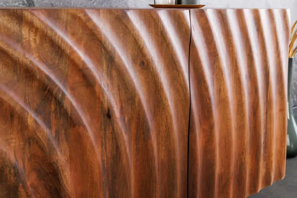 Design Sideboard ZEN 180cm braun Mangoholz mit 3D Schnitzereien Metallgestell schwarz handmade