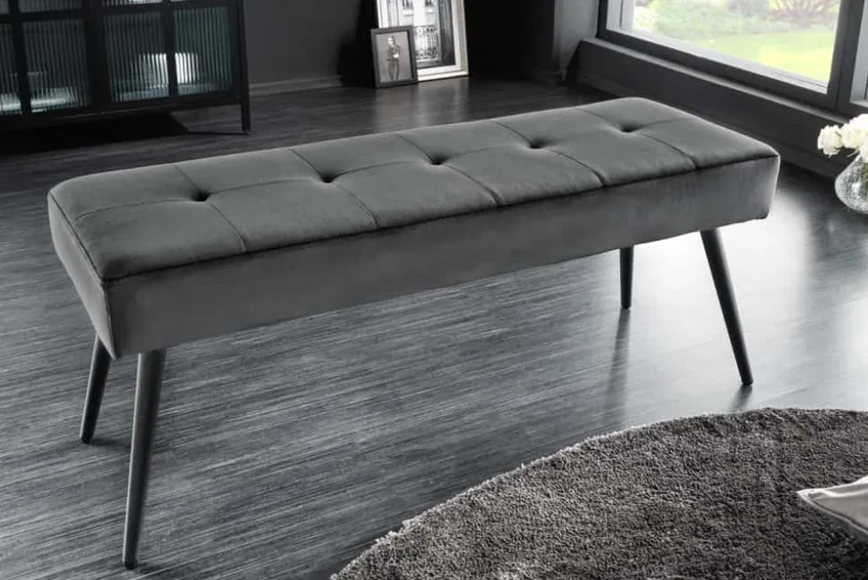 Design Sitzbank BOUTIQUE 100cm dunkelgrau Samt schwarze Metallbeine