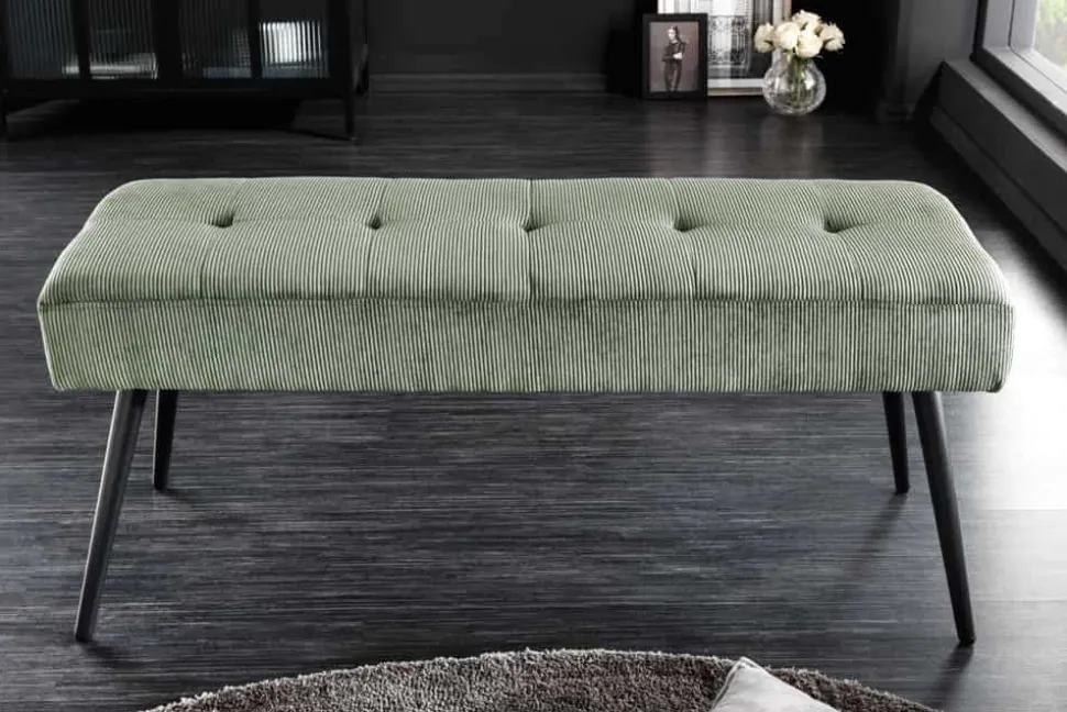 Design Sitzbank BOUTIQUE 100cm grün Cord schwarze Metallbeine