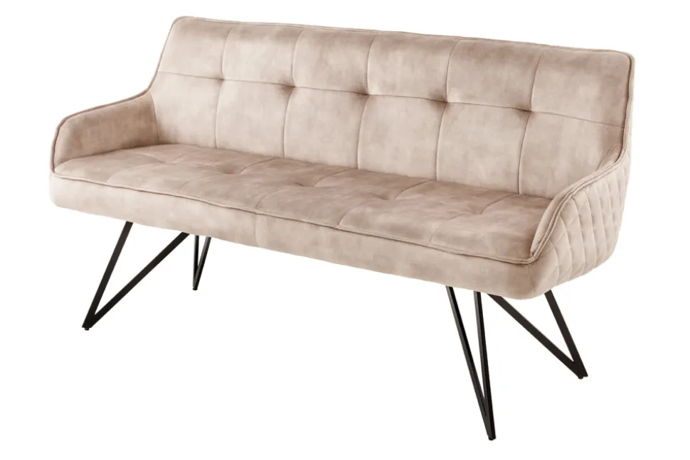 Design Sitzbank EUPHORIA 160cm champagner greige Samt Hairpin Legs Metallbeine Armlehnen