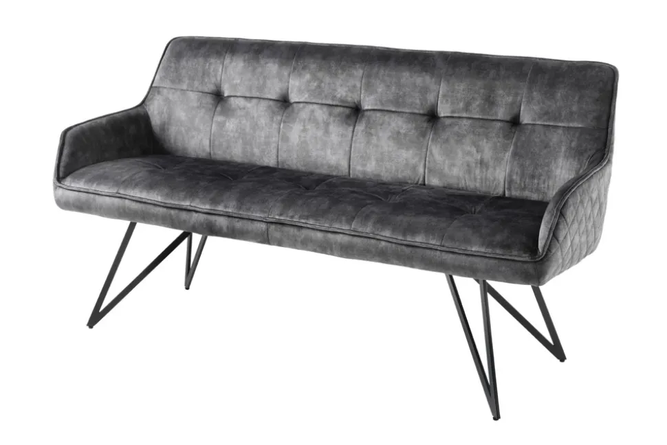 Design Sitzbank EUPHORIA 160cm dunkelgrau Samt Retrostil Ziersteppung Hairpin Legs Metallbeine Armlehnen