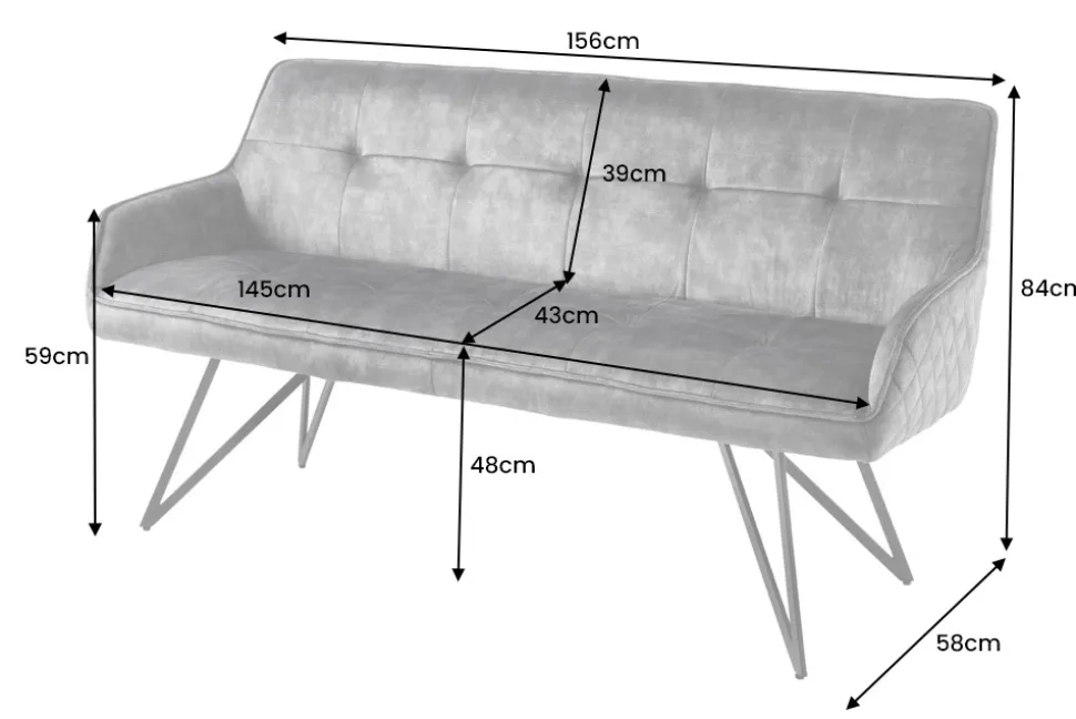 Design Sitzbank EUPHORIA 160cm dunkelgrau Samt Retrostil Ziersteppung Hairpin Legs Metallbeine Armlehnen