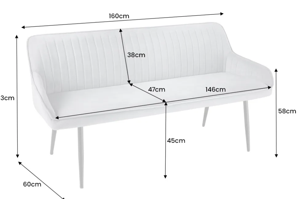 Design Sitzbank TURIN 160cm senfgelb Samt schwarz Metallbeine Armlehne