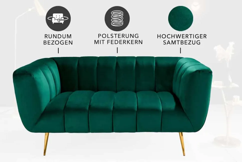 Design 2-Sitzer Sofa NOBLESSE 165cm smaragdgrün Samt Federkern goldene Metallfüße