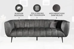 Design 3-Sitzer Sofa NOBLESSE 225cm grau Samt Federkern schwarze Metallfüße