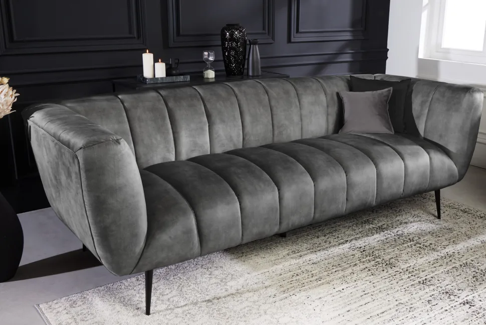 Design 3-Sitzer Sofa NOBLESSE 225cm grau Samt Federkern schwarze Metallfüße