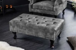 Design Sitzhocker CHESTERFIELD 80cm grau Samt Knopfheftung Nietenbesatz