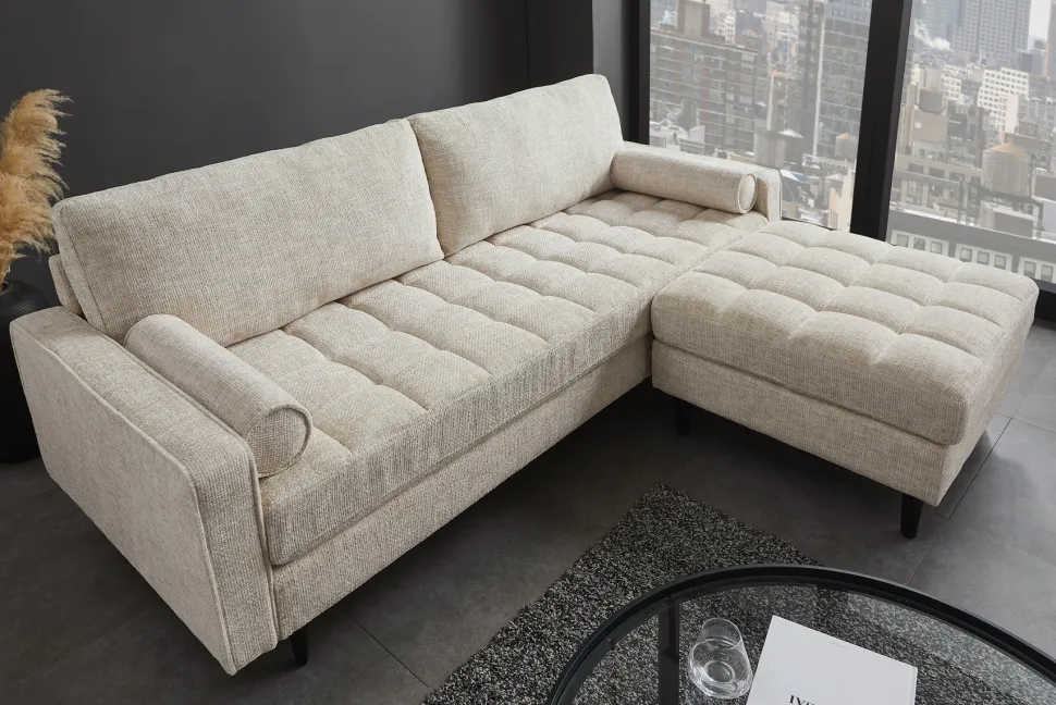 Design Sofa COZY VELVET 220cm beige Chenille Federkern 3-Sitzer mit goldener Kappe