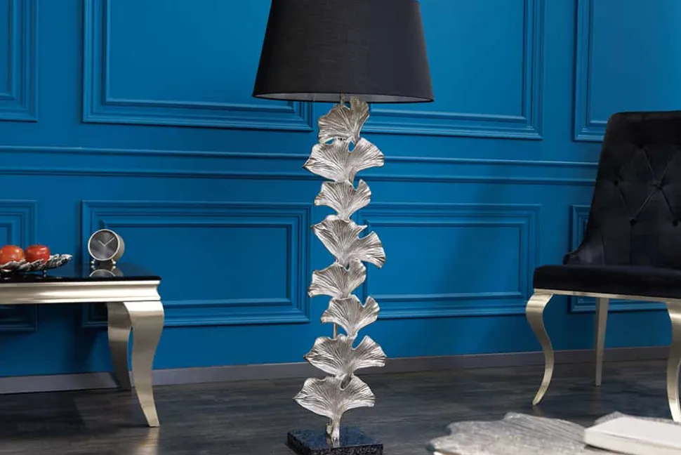 Design Stehlampe GINKGO 122cm schwarz Stoffschirm silber Metall handmade Marmor-Fuß