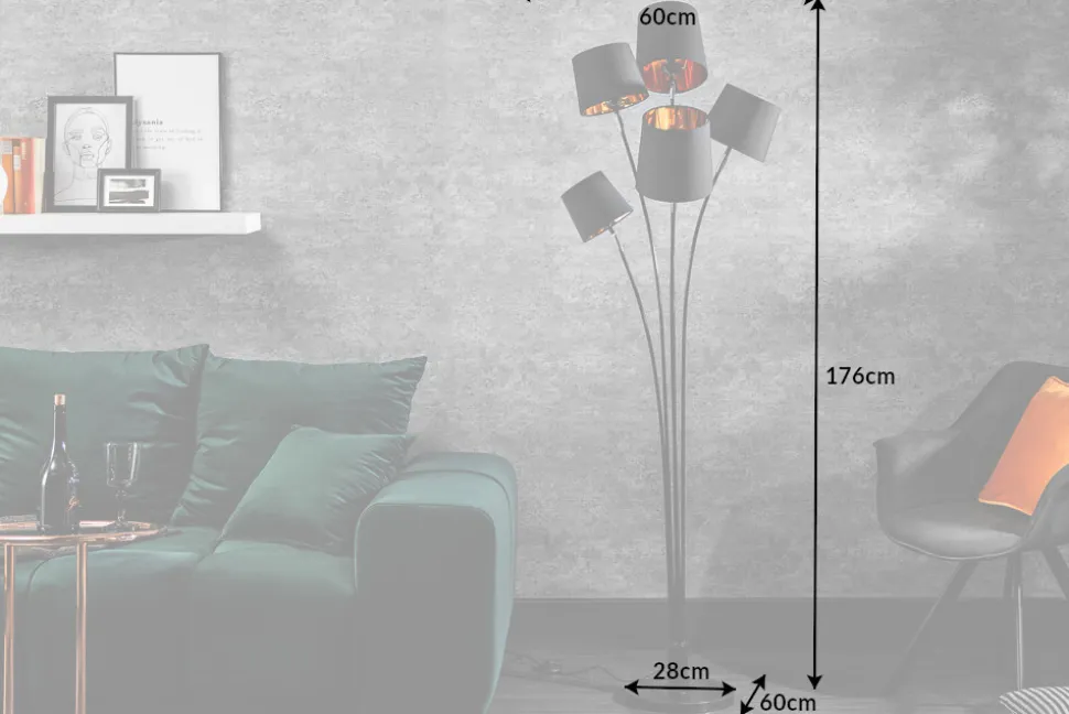 Design Stehlampe LEVELS 176cm mit 5 Leinenschirmen schwarz gold Stehleuchte