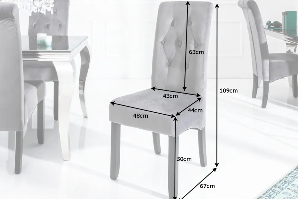 Design Stuhl CASA grau Samt mit Zierknöpfen Massivholzbeine