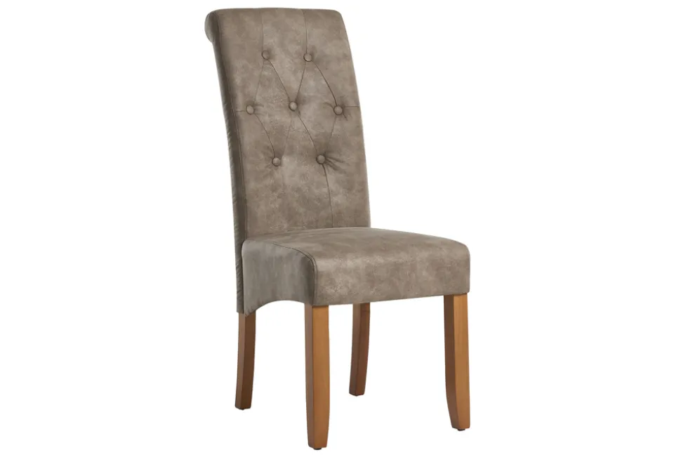 Design Stuhl CASA taupe Microfaser mit Zierknöpfen Massivholzbeine
