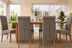 Design Stuhl CASA taupe Microfaser mit Zierknöpfen Massivholzbeine