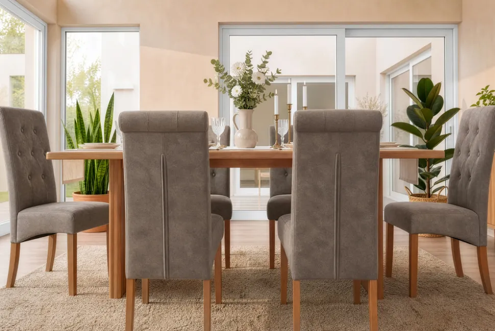 Design Stuhl CASA taupe Microfaser mit Zierknöpfen Massivholzbeine