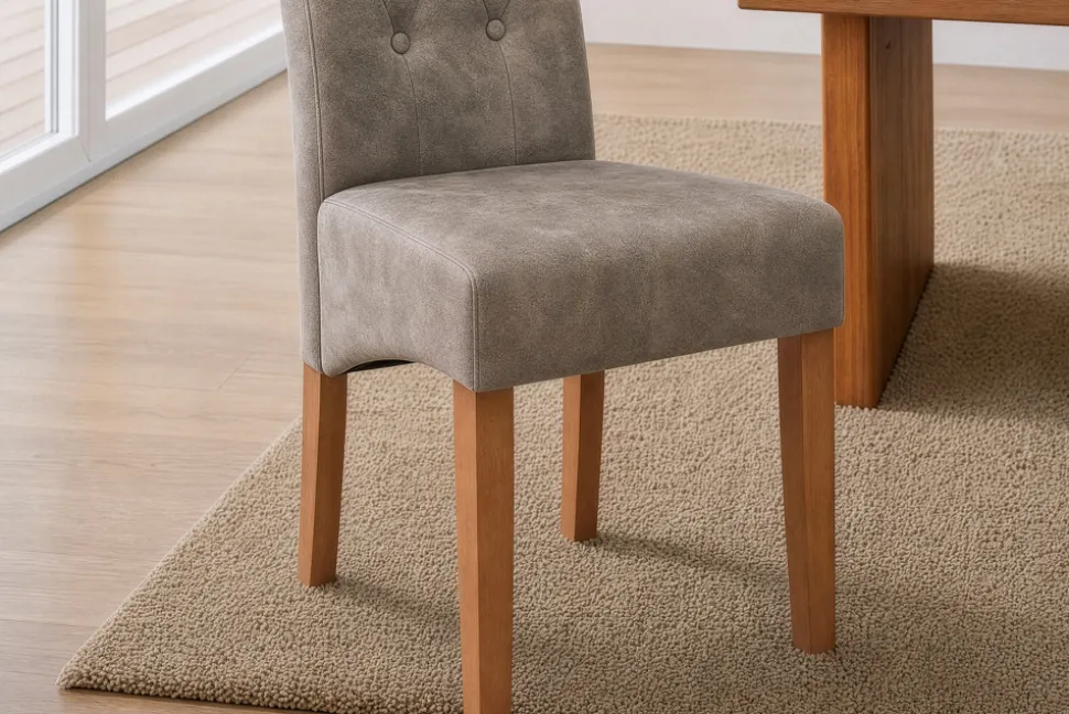 Design Stuhl CASA taupe Microfaser mit Zierknöpfen Massivholzbeine