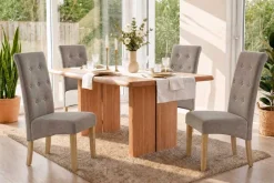 Design Stuhl CASA taupe Strukturstoff Massivholzbeine mit Zierknöpfen und Nackenrolle