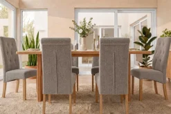 Design Stuhl CASA taupe Strukturstoff Massivholzbeine mit Zierknöpfen und Nackenrolle
