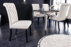 Design Stuhl CASTLE beige schwarz Strukturstoff Holzfüße Chesterfield