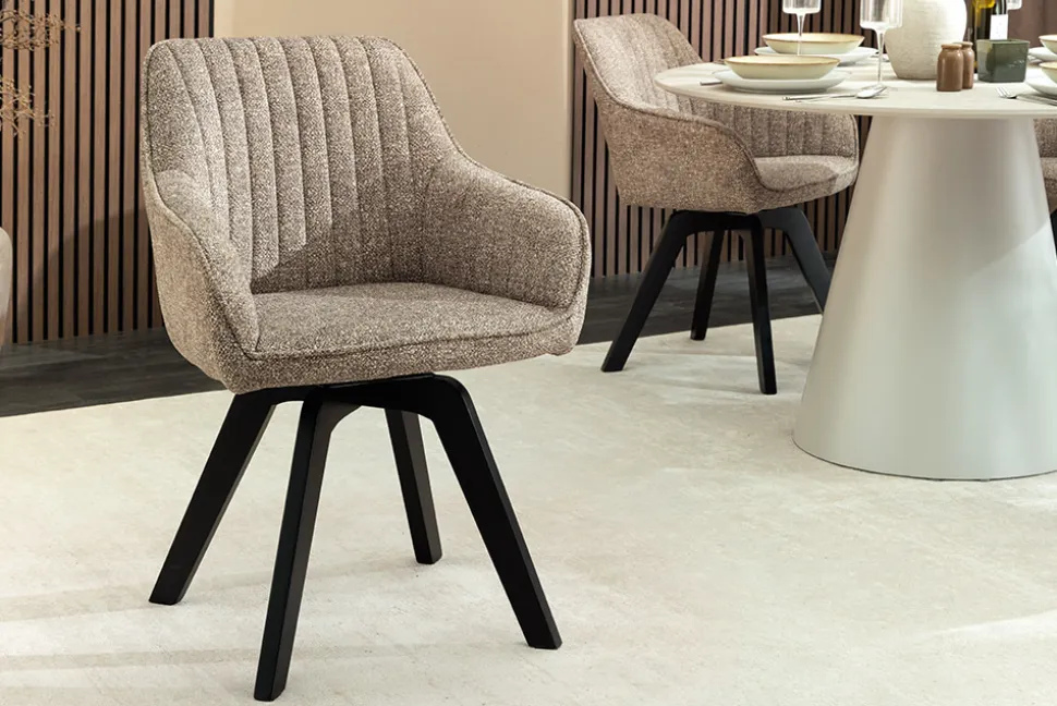 Design Stuhl LIVORNO taupe Strukturstoff schwarz Massivholz drehbar Auto-Return-Funktion