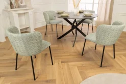 Design Stuhl LYON grün-rosa kariert Bouclé schwarze Metallbeine