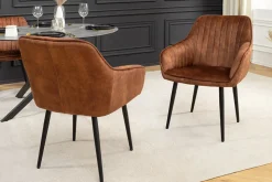 Design Stuhl TURIN rost braun Samt mit Ziersteppung und Armlehne schwarz Metall