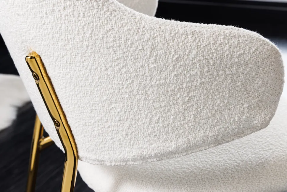 Design Stuhl VOGUE weiß Bouclé goldene Metallbeine