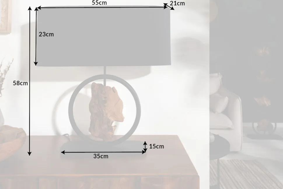 Design Tischlampe ELEMENTS 58cm schwarz Baumwollschirm Fuß mit Massivholz