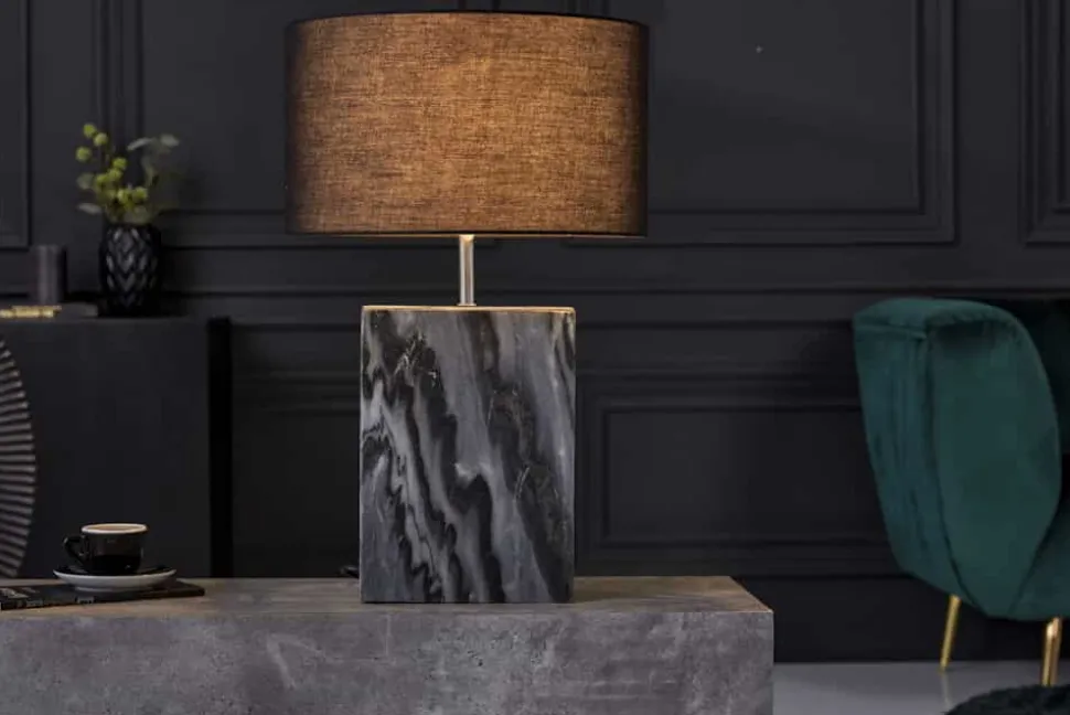 Design Tischlampe NOBLE 55cm schwarz Marmorfuß Stoffschirm