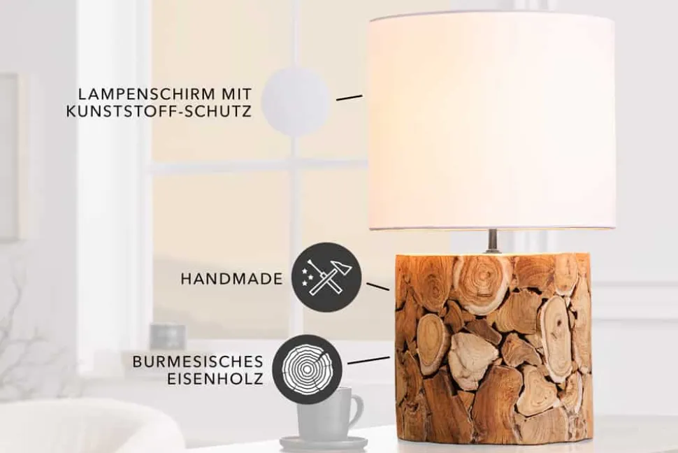 Design Tischlampe PURE NATURE 45cm natur handmade Eisenholz Baumwollschirm weiß