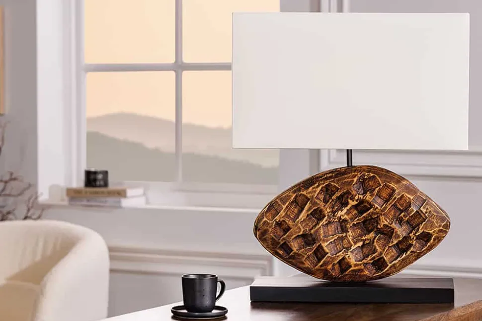 Design Tischlampe REEF 50cm Regenbaum Massivholz handmade Baumwollschirm weiß