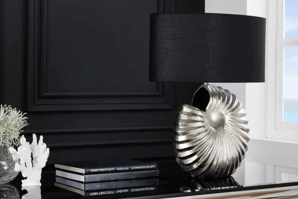 Design Tischlampe SHELL 60cm silber schwarz Metall Stoffschirm maritim