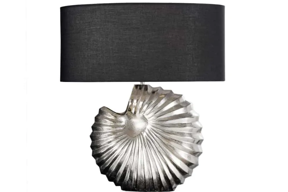 Design Tischlampe SHELL 60cm silber schwarz Metall Stoffschirm maritim