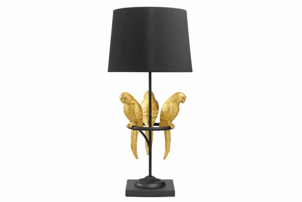 Design Tischlampe WILDLIFE 75cm schwarz gold rund Papagei Skulpturen mit Marmor-Fuß