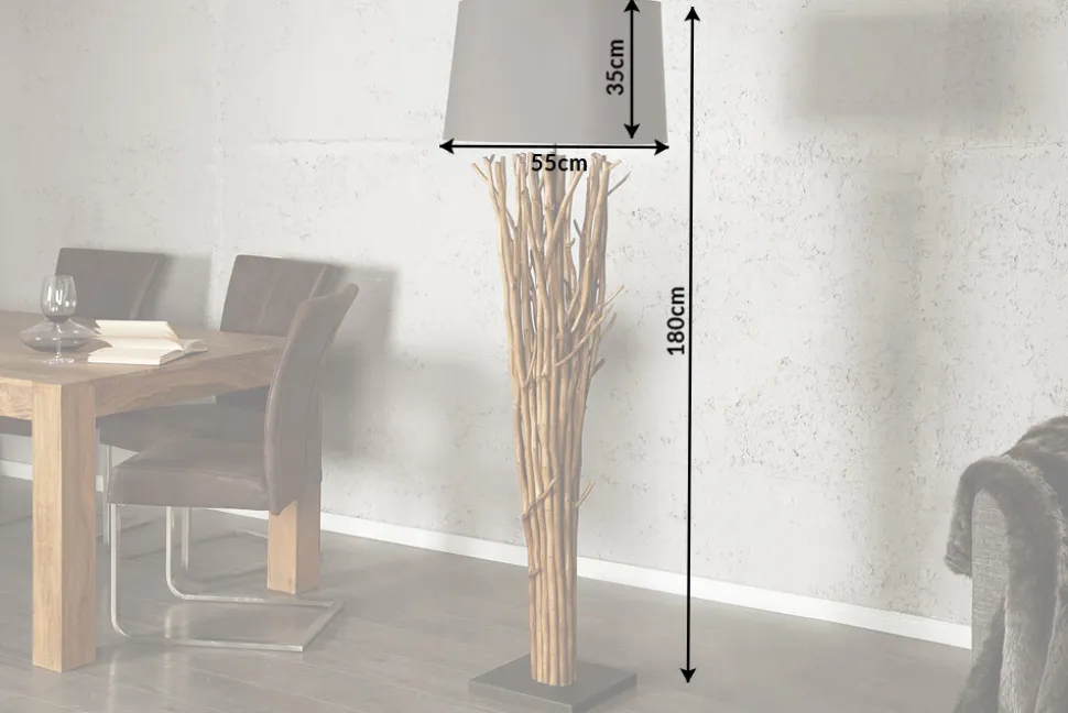 Design Treibholz Stehlampe EUPHORIA 180cm grau mit Leinenschirm