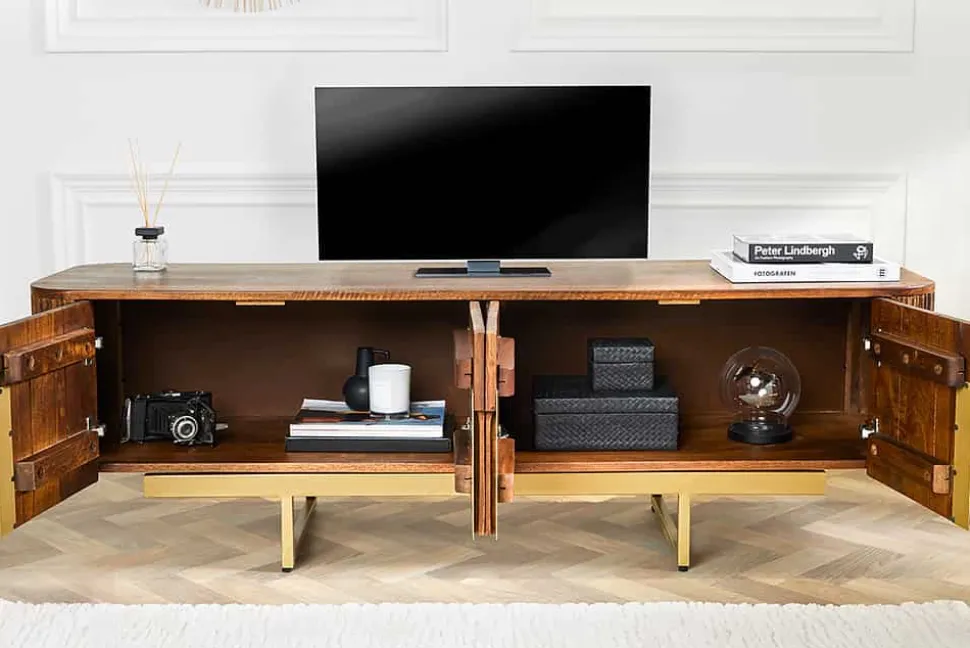 Design TV Board GATSBY 160cm braun mattgold Mangoholz Retro