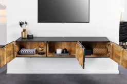 Design TV-Board WAVE 160cm schwarz Mangoholz mit 3D Schnitzereien hängend