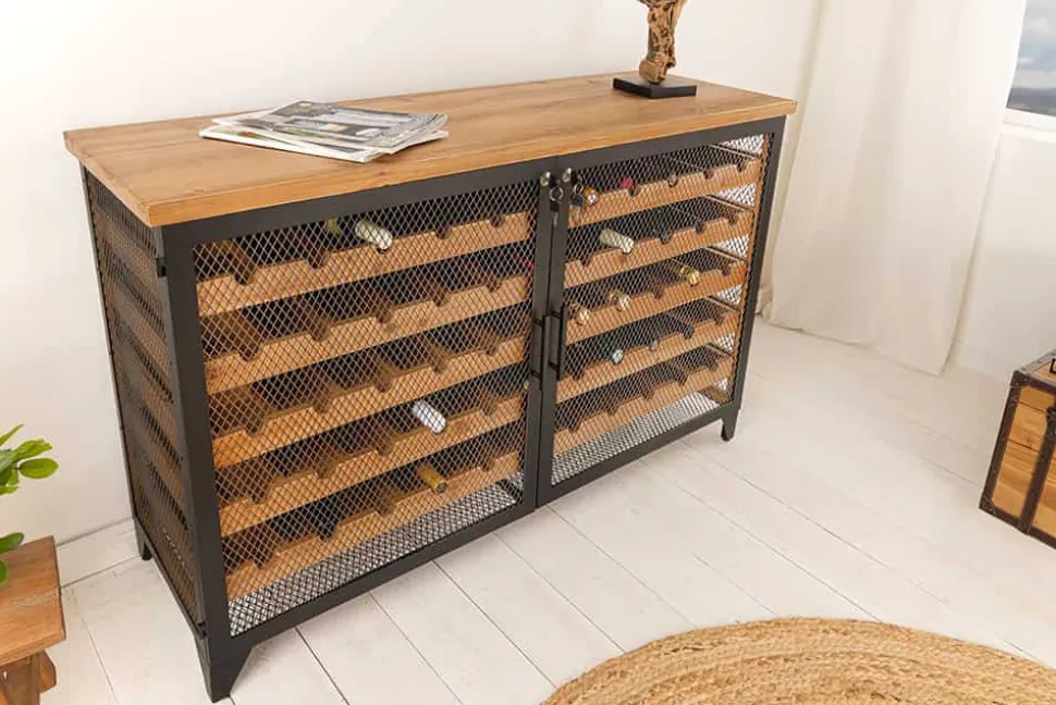 Design Weinboard BODEGA 130cm natur schwarz Tannenholz Metall Flaschenregal
