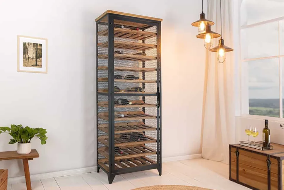 Design Weinschrank BODEGA 185cm natur schwarz Tannenholz Metall Flaschenregal