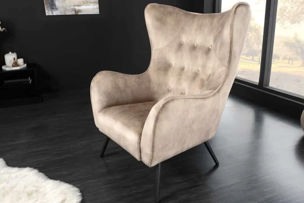 Design XL Sessel AMSTERDAM champagner Samt schwarze Metallbeine Retro Stil