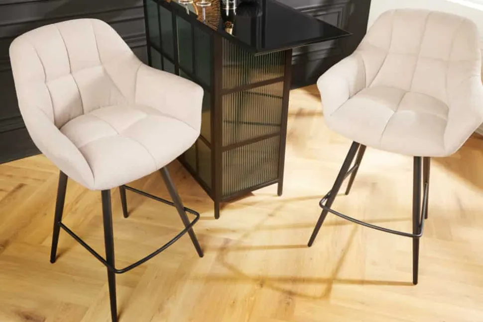 Drehbarer Barhocker PAPILLON champagner beige Barstuhl mit Lehne schwarze Metallbeine
