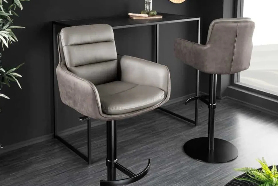 Drehbarer Design Barhocker BIG GEORGE taupe Echtleder Microfaser höhenverstellbar mit Armlehnen