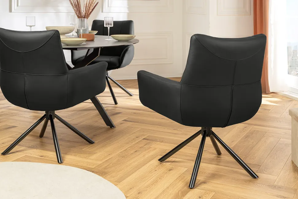 Drehbarer Design Stuhl SIGNATURE schwarz Echtleder 360° Taschenfederkern Metall